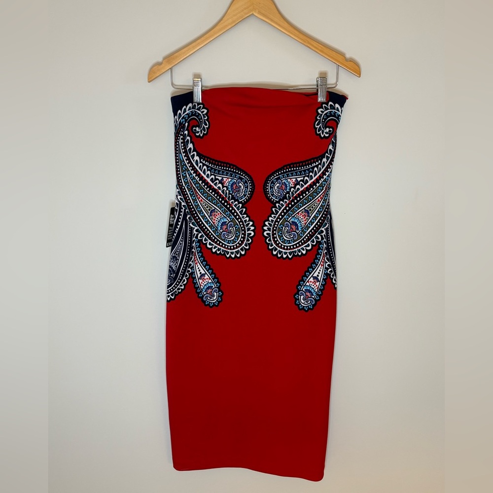 NWT Express Red and Blue Strapless Dress